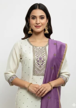 Dwarka, Clothing & Accessories, INR 1499,  White Embroidered Kurta Set With Contrast Purple Dupatta &ndash; Shop Graceful Women&rsquo;s Ethnic