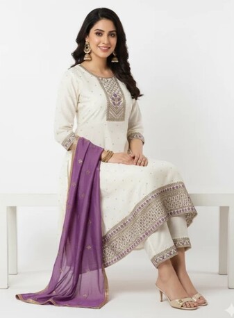 Dwarka, Clothing & Accessories, INR 1499,  White Embroidered Kurta Set With Contrast Purple Dupatta &ndash; Shop Graceful Women&rsquo;s Ethnic