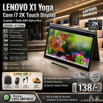 Manama, Tablet Computers, BHD 138,  Lenovo Core I7 2K Display 2in1 Touch Laptop+Tablet With Stylus Pen 16GB RAM FREE GIFTS