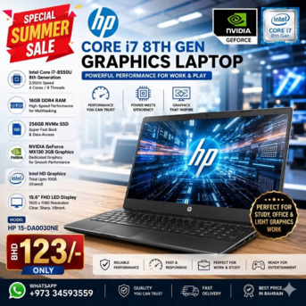 East Riffa, Computers, BHD 123,  HP Core I7 8th Generation Graphics Laptop NVidia 2GB GPU 15.6" FHD Screen 16GB DDR4 RAM