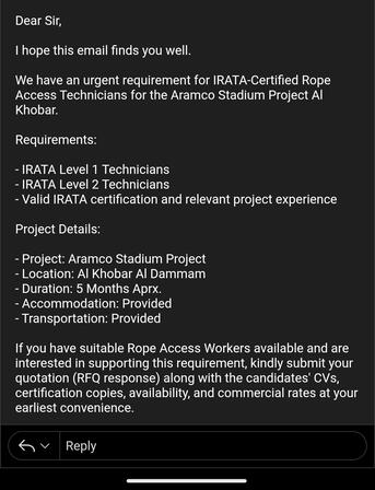 Khobar, Jobs, IRATA Certified Rope Access Technician