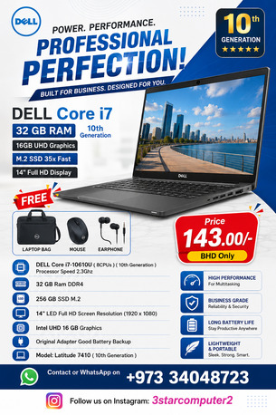 Manama, Tablet Computers, BHD 143,  Dell I7 32GB RAM 10th Gen Laptop 16GB Graphic M.2 SSD 35x Fast Free Bag, Mouse, Earphone