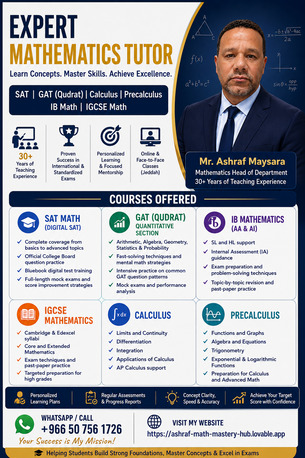 Jeddah, Lessons Offered, # Expert Mathematics Tutor &ndash; SAT, GAT (Qudrat), IB, IGCSE, Calculus & Precalculus