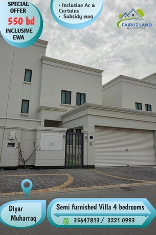 Muharraq, Apartments, Flats, Houses & Villas, BHD 550/year,  3 BR,  Villa For Rent @ Diyar Al Muharraq 3 Bedrooms Semi Furniture 550 Bd Includes Ewa