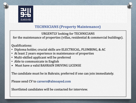 Manama, Jobs, TECHNICIANS (Property Maintenance)
