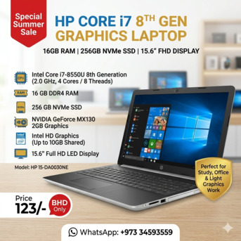 Isa Town, Computers, BHD 123,  HP Core I7 8th Generation Graphics Laptop NVidia 2GB GPU 15.6" FHD Screen 16GB DDR4 RAM