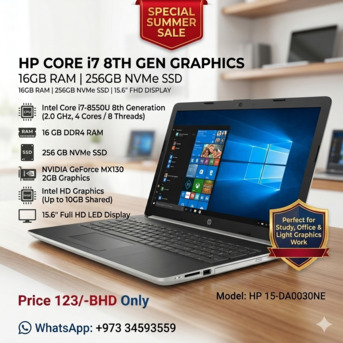 Manama, Computers, BHD 123,  HP Core I7 8th Generation Graphics Laptop NVidia 2GB GPU 15.6" FHD Screen 16GB DDR4 RAM