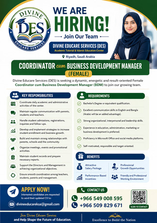Al Murabba, Jobs, Coordinator/ BDM Female