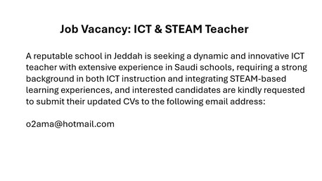 Jeddah, Jobs, Job Vacancy: ICT & STEAM Teacher