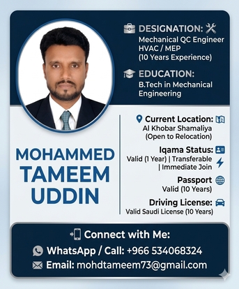 Khobar, Job Seekers, Mechanical QC Engineer