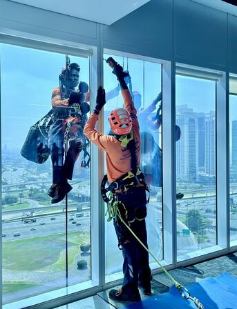 Manama, Construction, High Rise Building Facade Broken Glass Replacing Work With Cradle Service