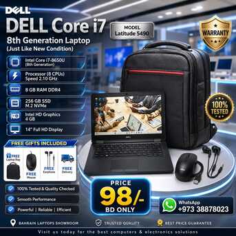 Manama, Tablet Computers, BHD 98,  DELL Core I7 Laptop (8 CPUs) 8th Gen Laptop 14" FHD FREE Bag, Mouse, Earphone & Delivery