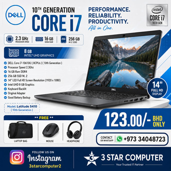 Manama, Computers, BHD 123,  Dell Core I7 10th Gen Laptop 16GB RAM SSD35x 14" FHD Ready To Use Free Bag, Mouse,Earphone