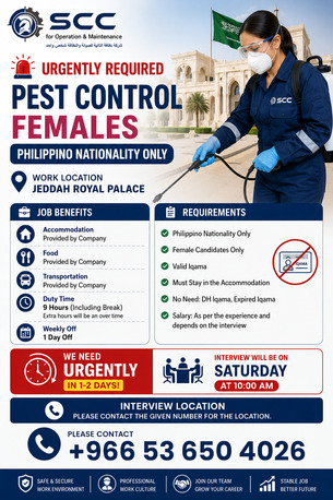 Riyadh, Jobs, Hiring Female  Pest Control Workers