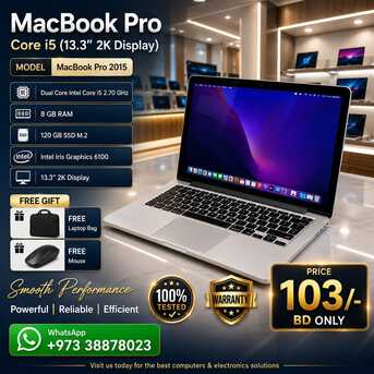 Manama, Tablet Computers, BHD 103,  MacBook Pro Core I5 2.7Ghz 8GB RAM 13.3" 2K Display With Type-C Adapter FREE Bag & Mouse