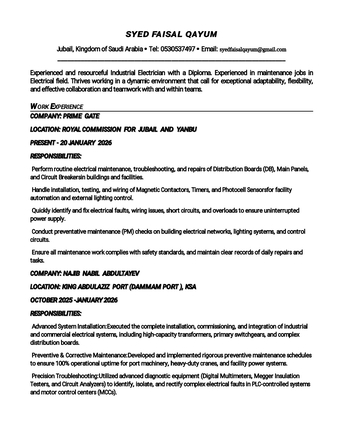 Jubail, Job Seekers, Electrician / Technical Professional Seeking Part-Time Job After 5:00 PM