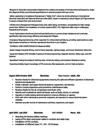 Jubail, Job Seekers, Electrician / Technical Professional Seeking Part-Time Job After 5:00 PM