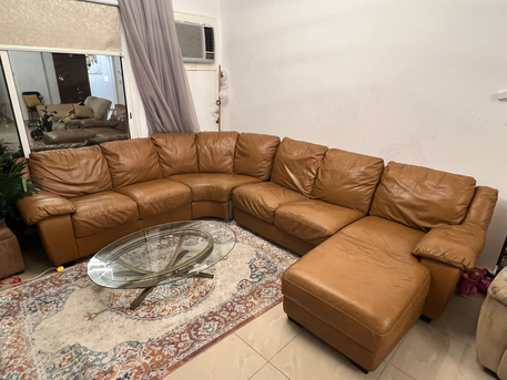 Al Khalidyia, Furniture, SAR 1500,  Brown Genuine Leather Sectional Sofa From US With minor Scratch + Table