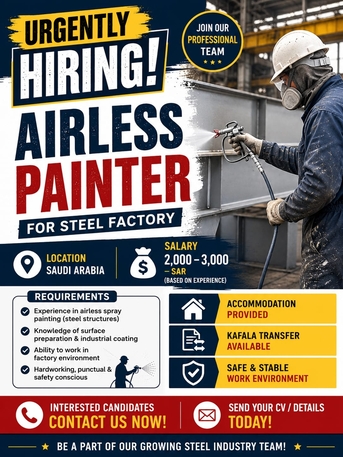 Al Malaz, Jobs, URGENT HIRING - AIRLESS PAINTER (STEEL FACTORY)