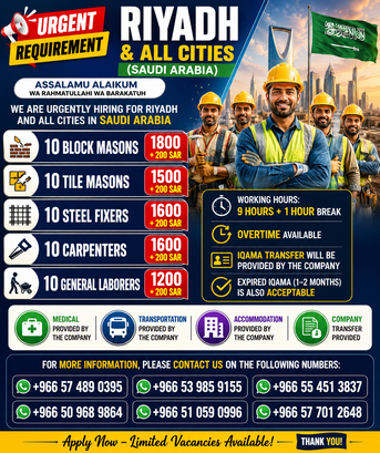 Riyadh, Jobs, Driver Tile Masson Plaster Mason, Helper Painter Electric
