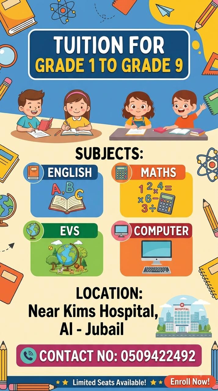 Jubail, Lessons Offered, TUTION CLASSES FOR GRADE 1 To 9