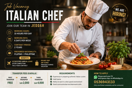 Jeddah, Jobs, Italian Chef (Italian Cuisine Chef)