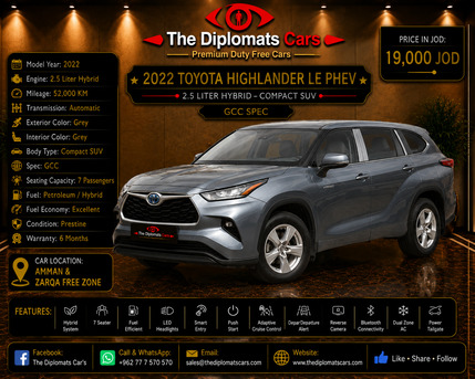 Amman, Vehicles, Cars & Trucks , JOD 19000,  Toyota Highlander LE PHEV,  2022,  Automatic,  52000 KM,  Duty Free