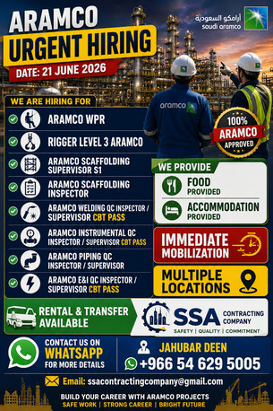 Jubail, Jobs, URGENT REQUIREMENTS - IMMEDIATE MOBILIZATION