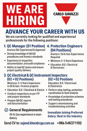 Jubail, Jobs, QC Manager (01 Position)  #04 QC Electrical & QC Instrument Inspectors Protection