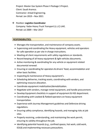 Dammam, Job Seekers, Equipment & Transport Coordinator