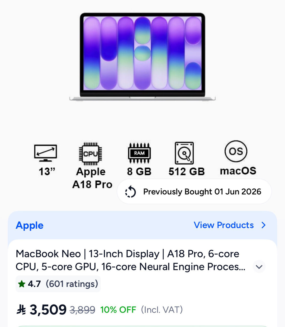 Jeddah, Computers, SAR 3050,  Macbook Neo / 512GB With Touch ID - 2 Weeks Old