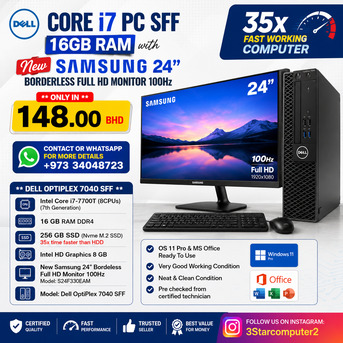 Manama, Computers, BHD 148,  Dell Core I7 PC SFF 16GB RAM With New Samsung 24" Borderless Full HD Monitor 100Hz