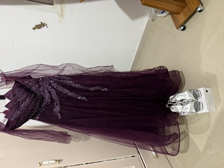 Jeddah, Clothing & Accessories, SAR 900,  Elegant Dark Purple Dress With Shawl And Silver Heels For Weddings & Celebrations