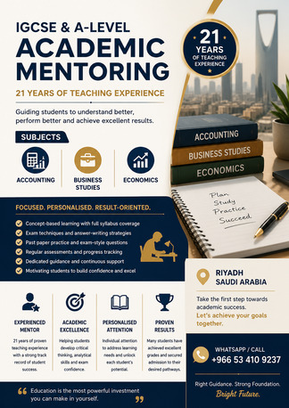 Riyadh, Lessons Offered, IGCSE & A-Level Academic Mentoring In Accounting, Business Studies & Economics
