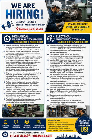 Dammam, Jobs, Mechanical Maintenance Technician (Machine Shop, Welding Shop, Foundry Shop Equipments)