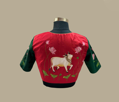 Mumbai, Clothing & Accessories, INR 2599,  Hand Painted Lotus & Sacred Cow Blouse | Artisan-Crafted Designer Blouse For Sarees