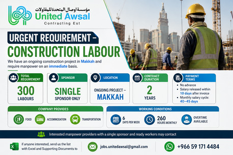 Makkah, Jobs, 🚨 URGENT BULK MANPOWER REQUIREMENT – MAKKAH PROJECT 🚨