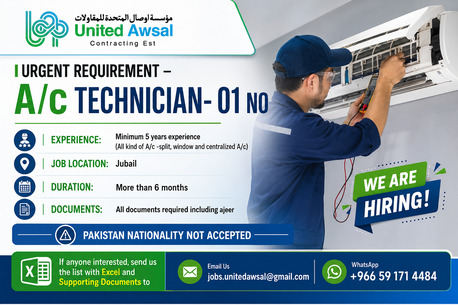 Jubail, Jobs, 🚨 URGENT HIRING – A/C TECHNICIAN 🚨