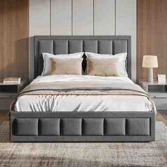 London, Furniture, GBP 189,  Grey Double Linen End-Lift Ottoman Bed With Hidden Base Storage