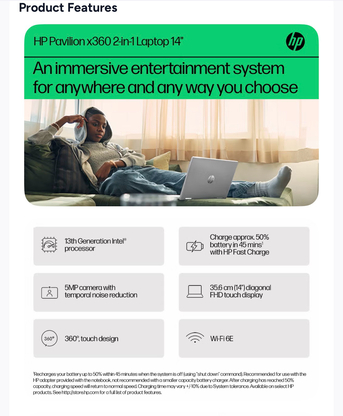 Riyadh, Computers, SAR 2800,  Pavilion X360 Touch Laptop With 14-inch Full HD (1920x1080) Display, Core I7-1355U