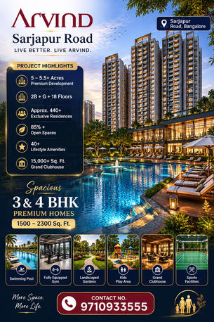 Bangalore, Real Estate For Sale, INR 19900000,  3 BR,  1500 Sq. Feet,  Arvind Sarjapur Road: Luxury Living Redefined