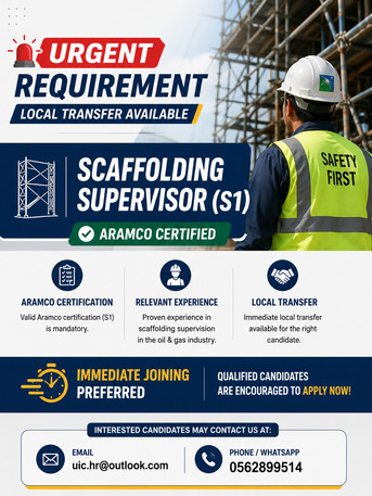 Abqaiq, Jobs, Urgent Requirement Scaffolding Supervisor S1 &ndash; Local Transfer