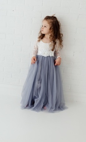 New York, Clothing & Accessories, USD 87,  Dusty Blue Flower Girl Dress With White Lace, Long Sleeve Wedding Dress For Girls