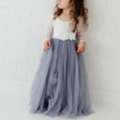 USD 87,  Dusty Blue Flower Girl Dress With White Lace, Long Sleeve Wedding Dress For Girls