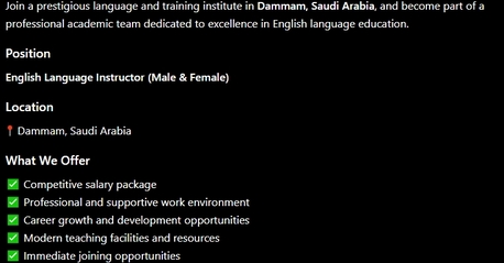 Dammam, Temp Jobs, English Instructor