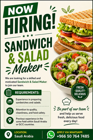 Riyadh, Job Seekers, Now Hiring: Sandwich & Salad Maker