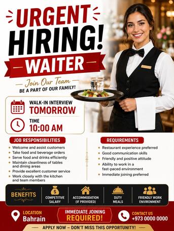 Manama, Jobs, 🚨 URGENT HIRING – KERALA  AND SOUTH INDIANS AND NORTH INDIANS FEMALES WAITERS ONLY🚨