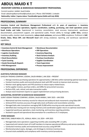 Riyadh, Job Seekers, Inventory Controller/ Warehouse Executive /Logistics Coordinator /Supply Chain Executive