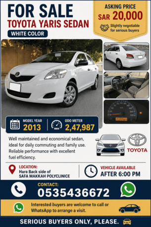 Al Wizarat, Vehicles, Cars & Trucks , SAR 20000,  Toyota Yaris,  2013,  Automatic,  247987 KM,    White