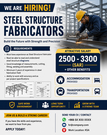 Riyadh, Jobs, Steel Structures Fabricators Urgently